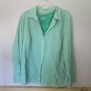 Talbots Button Up Shirt  Tank Womens XL Gingham Long Sleeve Roll Tab Kelly Green